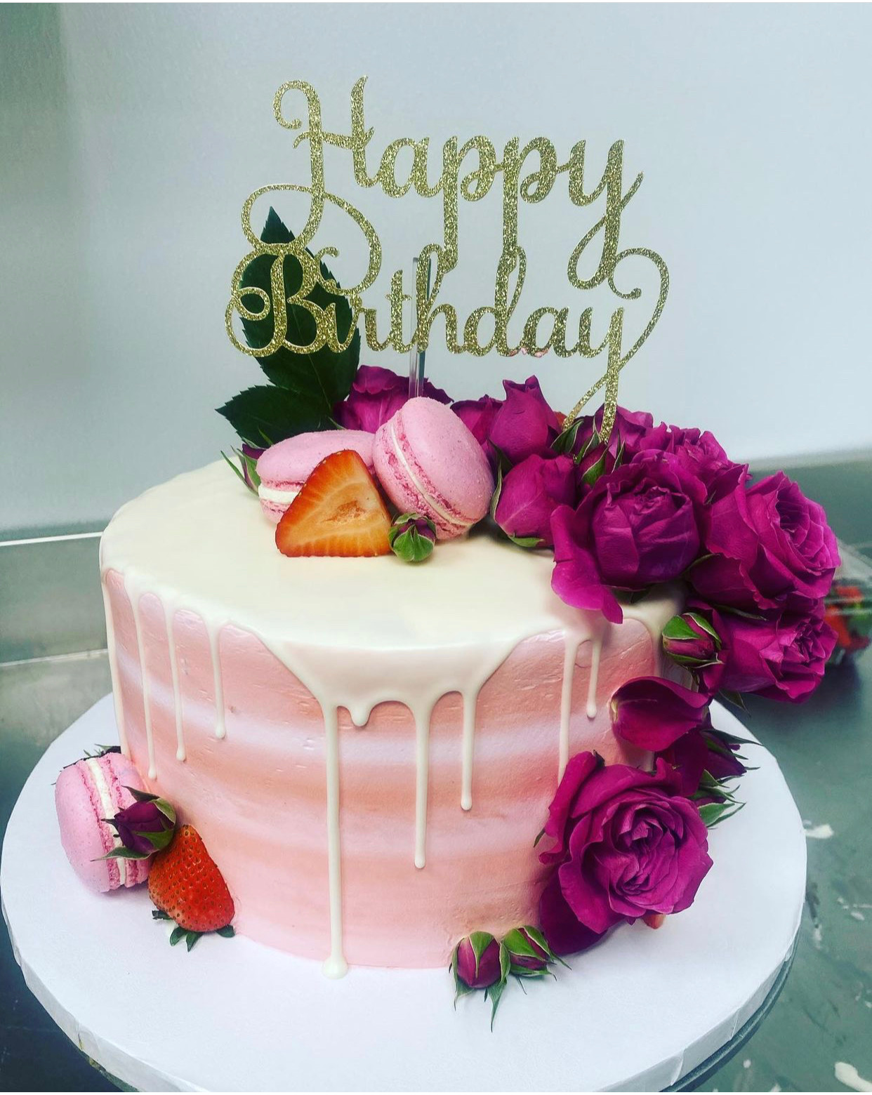 Strawberry macaroon birthday cake